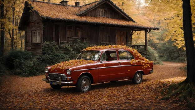 Generatywny sezon jesienny AI Czerwony samochód i stary drewniany dom w lesie
