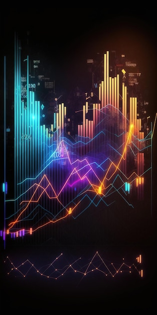 Generatywny wykres giełdowy AI przedstawia wykres finansowy na abstrakcyjnym tle technologii