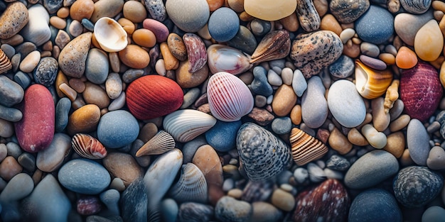 Generowane przez AI Generowane przez AI Letnie plaże kosztują od strony morza kamyki kamienie Ilustracja graficzna