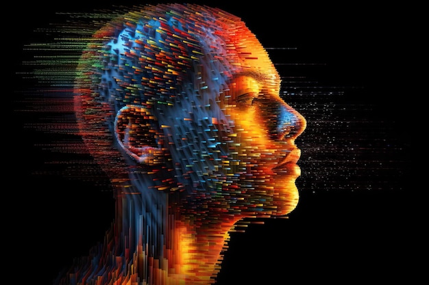 Zdjęcie generowany przez sztuczną inteligencję abstrakcyjny portret kobiety z kolorowymi liniami koncepcja technologii dużego strumienia danych