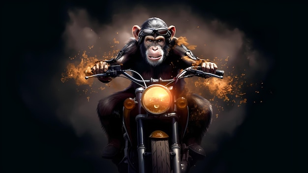 Generująca sztuczna inteligencja szympansa jeżdżąca i prowadząca motocykl