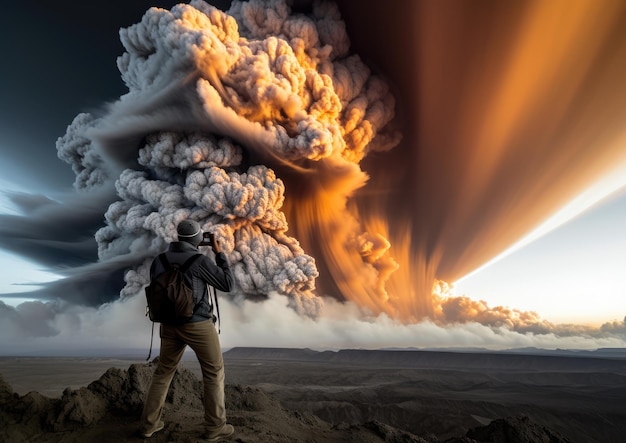 Geolog dokumentujący erupcję wulkanu, uchwycający siłę wybuchu i kłębiące się chmury popiołu