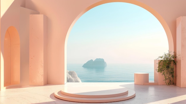 Geometryczna scena w naturalnym świetle dziennym z łukiem i podium minimalistyczne tło krajobrazu widok na morze letnia scena w 3D