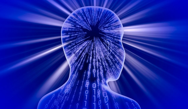 Zdjęcie geometryczna twarz człowieka z kodem binarnym i promieniami światła ilustracja 3d