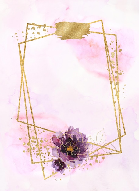 Geometryczna złota ramka z akwarelą fioletową i złotą ilustracją kwiatów piwonii