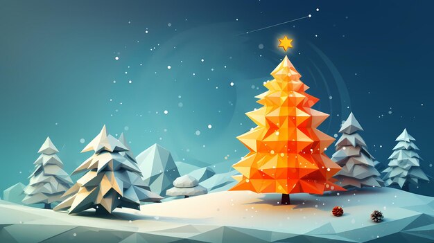 Geometryczne drzewa bożonarodzeniowe w śnieżną noc z promieniującą gwiazdą lowpoly lowpoly
