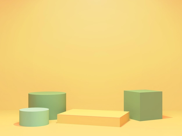 Geometryczne podium z żółtym tłem Pastelowo zielone i żółte postumenty do prezentacji produktu Geometryczny render 3D