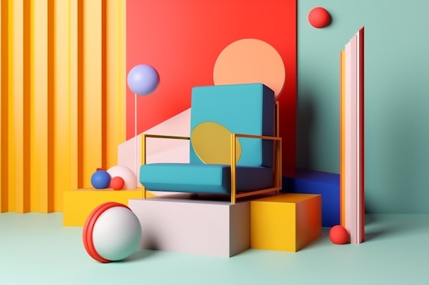 Geometryczne renderowanie memphis sztuka wnętrz kolorowy projekt fotel dom sofa pokój Generacyjna sztuczna inteligencja