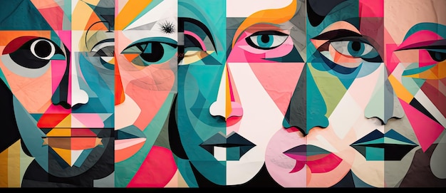 Geometryczne twarze z kolorowymi oczami w stylu ConceptualColl
