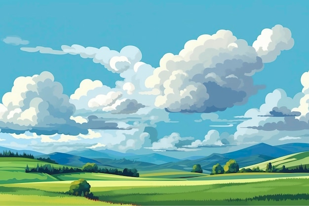 Zdjęcie geometryczny krajobraz górski z chmurami i generatorem ai zielonego pola