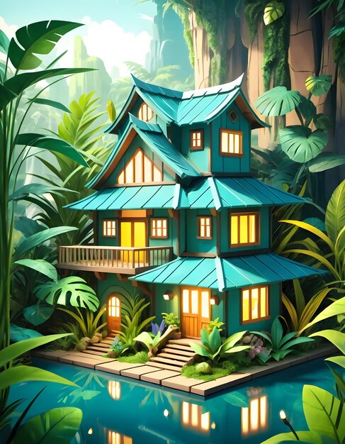 Geometryczny miniaturowy i kreskówkowy dom w stylu dżungli