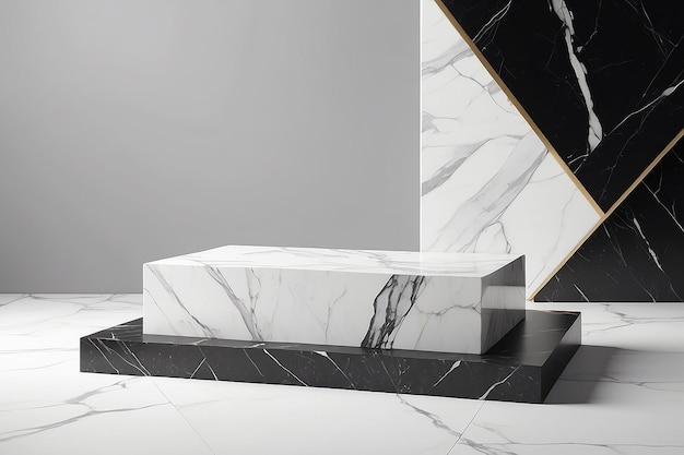 Geometryczny wyświetlacz produktu z marmuru tło kamień teksturowany podium czarno-biały prostokąt platforma ilustracja 3d