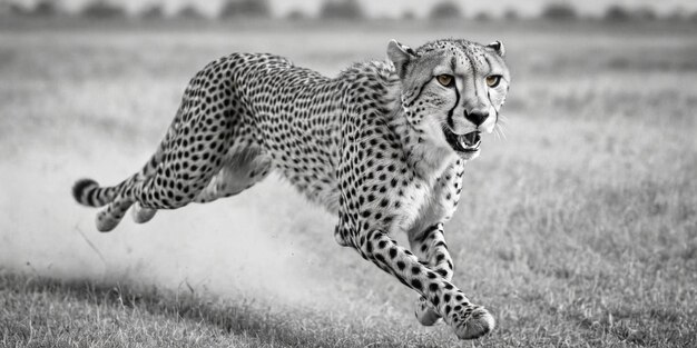 Gepard biegający po trawie w czarno-białym
