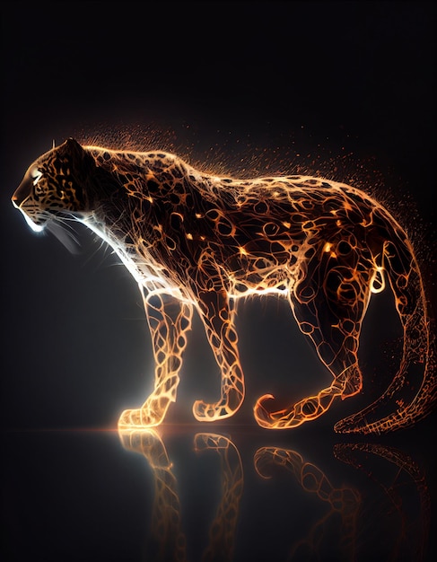 Zdjęcie gepard jest oświetlony czarnym tłem.