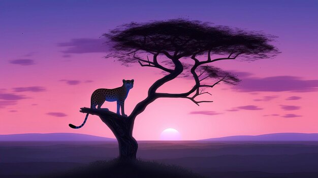 Gepard na drzewie o zachodzie słońca
