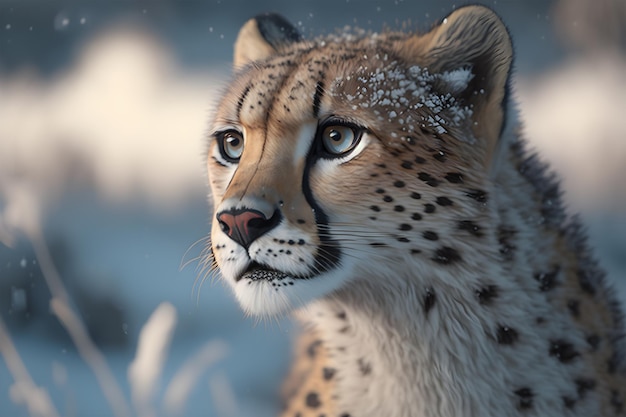 Gepard na śniegu patrząc w kamerę