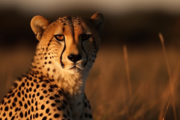 Gepard siedzi na polu w Kenii.