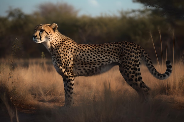 Gepard stoi na trawiastym polu w afrykańskiej sawannie.
