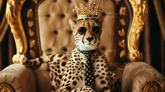 gepard w krawacie z koroną i okularami przeciwsłonecznymi siedzi na tronie zbliżenie AI Generative