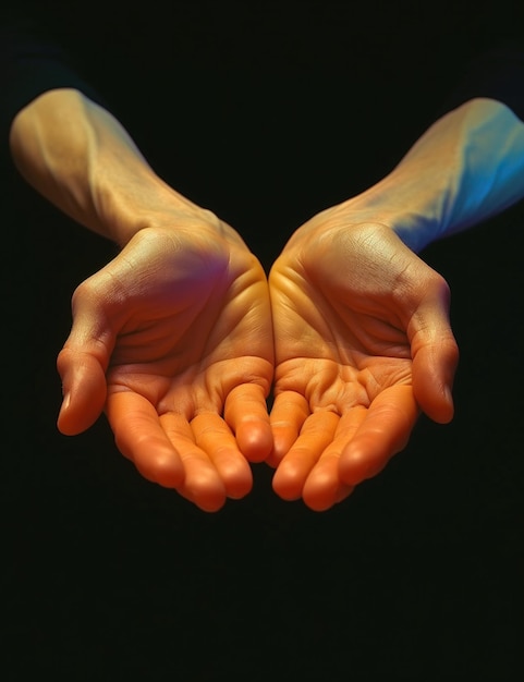 Zdjęcie gest rąk oświetlony ciepłym światłem abstracta kompozycja artystyczna izolowane ciemne tło sztuczna inteligencja wygenerowana sztuka ilustracja ludzkiej ręki