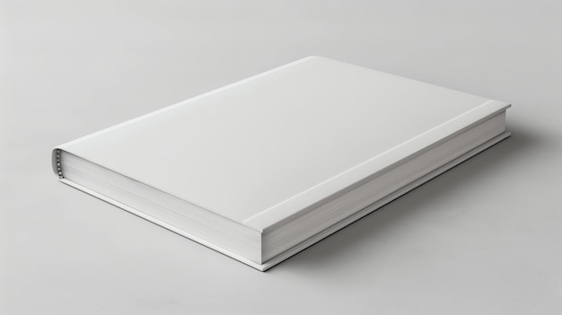 Gęsta biała książka siedzi na stałej białej powierzchni Książka jest w nieskazitelnym stanie i jest zamknięta Kręgosłup książki jest skierowany do kamery