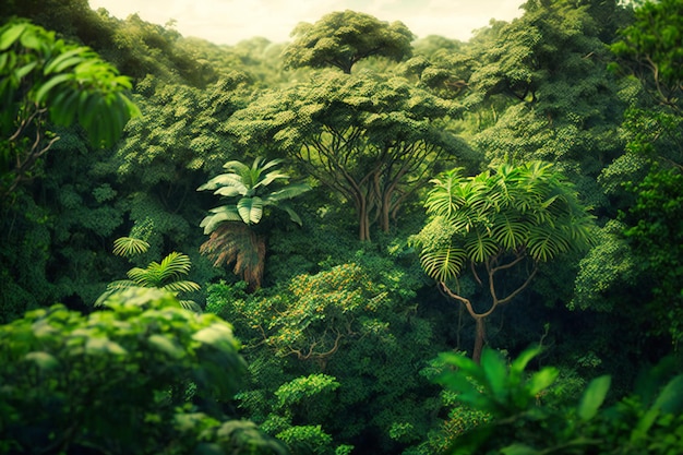 Gęsta dżungla z zielonym baldachimem drzew