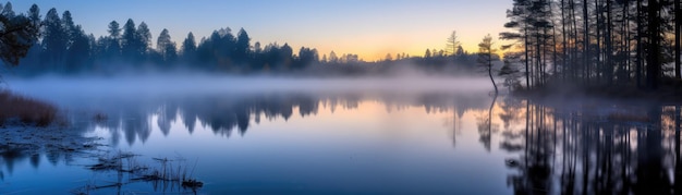 Gęsta mgła spowijająca spokojne jezioro o świcie Baner dla internetowej sztucznej inteligencji