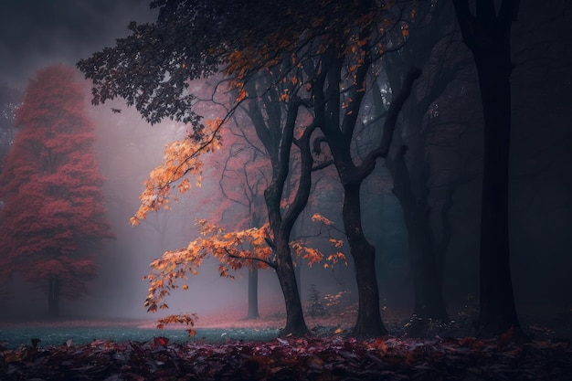 Gęsta mgła w jesiennym lesie z żółtymi liśćmi i zielonym mchem na korze drzew generowana przez sztuczną inteligencję