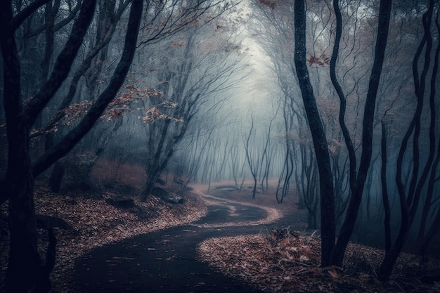 Gęsta mgła w jesiennym lesie z żółtymi liśćmi i zielonym mchem na korze drzew generowana przez sztuczną inteligencję