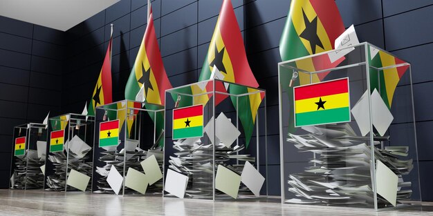 Ghana kilka urn wyborczych i flag głosowania koncepcja wyborów ilustracja 3D