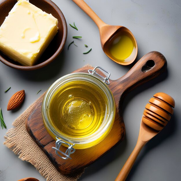 Ghee clarified butter jar drewniana łyżka szary stół górny widok copyspace ghee masło mają zdrowy tłuszcz