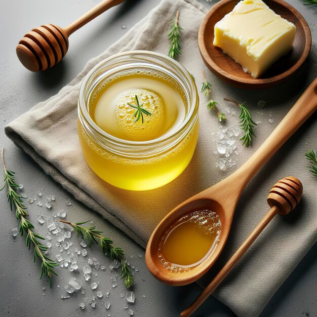 Ghee clarified butter jar drewniana łyżka szary stół górny widok copyspace ghee masło mają zdrowy tłuszcz