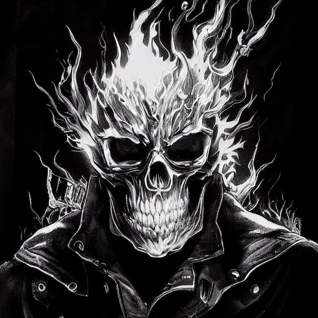 Ghost rider płonąca czaszka szkic czarno-biały ilustracja cyfrowa