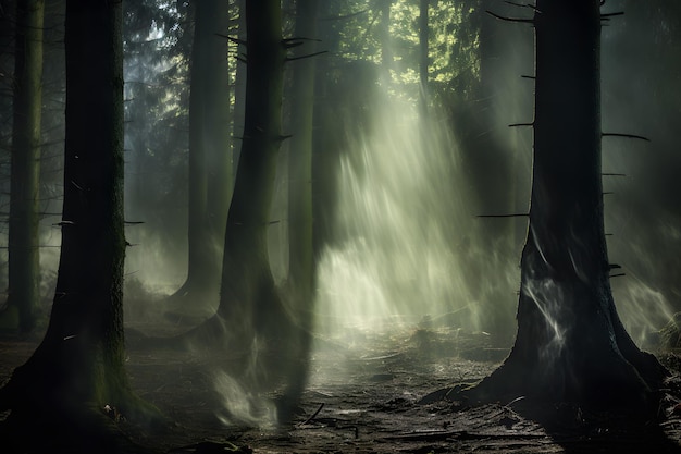 Ghostly Forest Mglisty las z nawiedzająco oświetlonymi drzewami i unoszącymi się wokół upiornymi zjawami