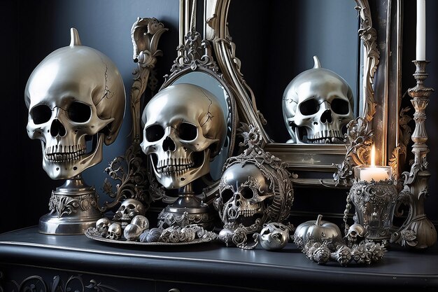 Zdjęcie ghoulishly glamorous elegant halloween decor z lustrem i czaszką