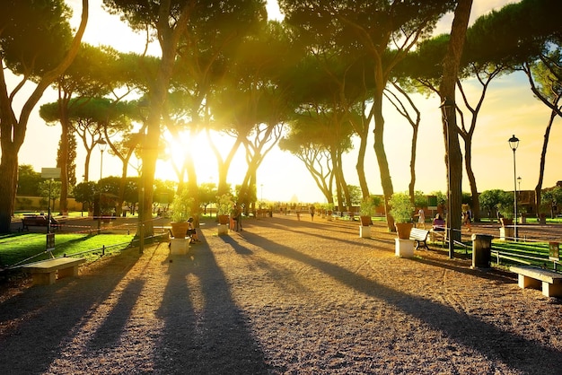 Giardino degli Aranci w Rzymie o zachodzie słońca, Włochy