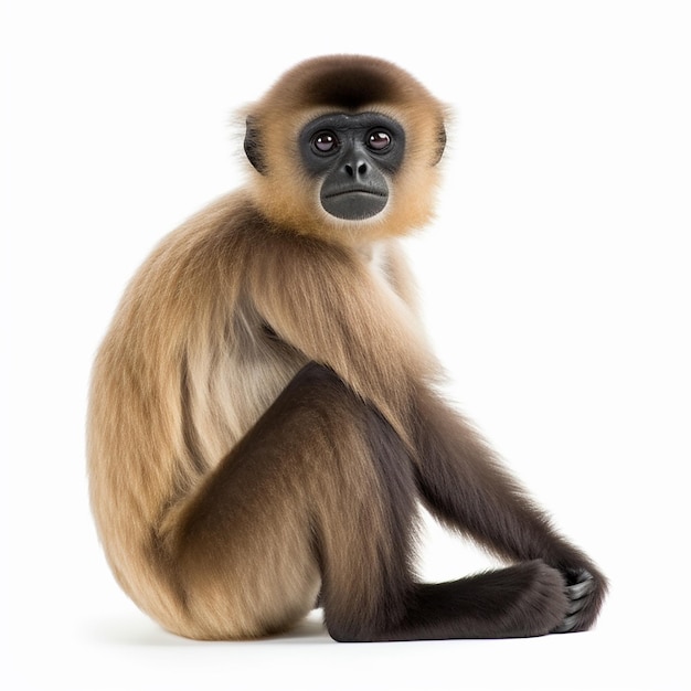 Gibbon Hylobates longlegged małpa siedzący portret odizolowany na białym zbliżeniu