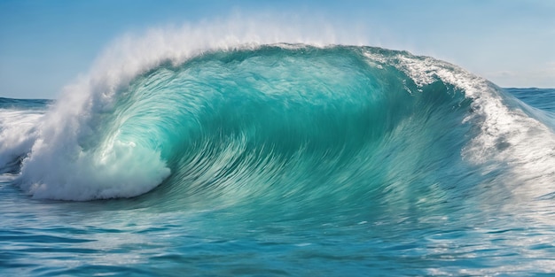 Gigantyczna fala surfingowa oceanu w słoneczny dzień. Ilustracja pejzażu morskiego z wzburzonym morzem, turkusowa woda z białą pianą i plamami, błękitne niebo bez chmur. Generatywna sztuczna inteligencja