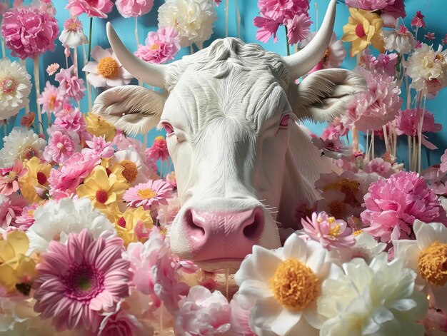 gigantyczna krowa otoczona kwiatami