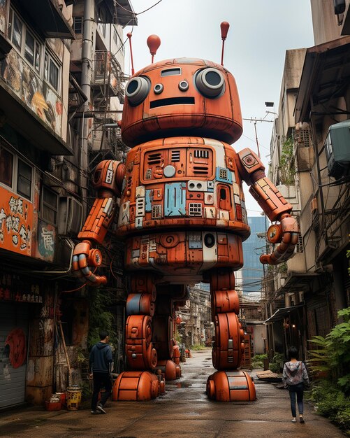 Gigantyczny czerwony robot spacerujący po Kowloon City 6