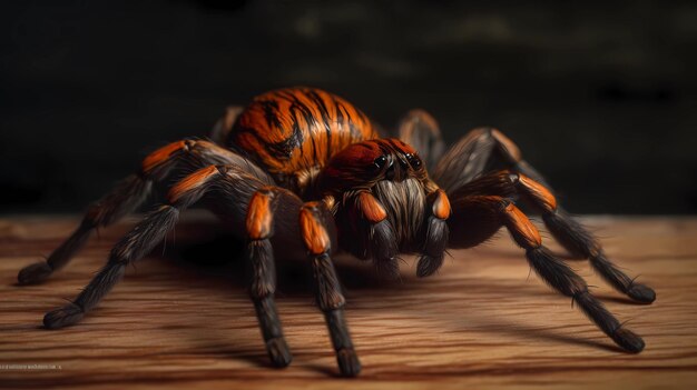Gigantyczny pająk jest na drewnianej powierzchni.
