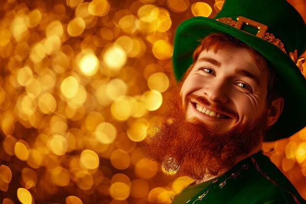 Ginger irlandzki mężczyzna ubrany w kostium Leprechaun na złotym tle bokeh dla św. Patricka