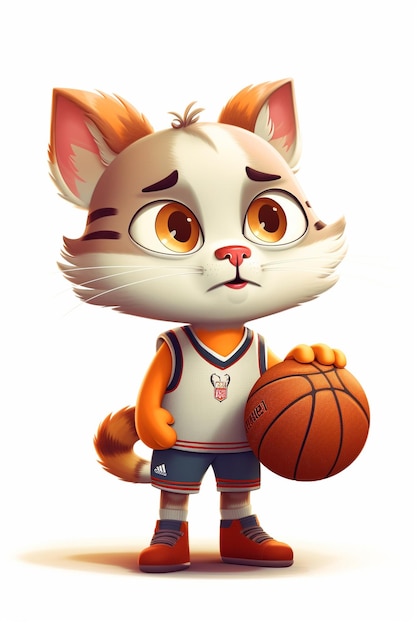 Ginger kitten w mundurze do gry w baketball z piłką na białym tle AI Generated