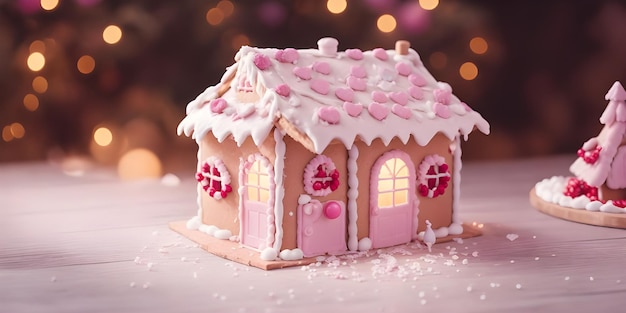 Zdjęcie gingerbread house cake minimalistyczny na drewnianym stole z bokeh różowym światłem na tle