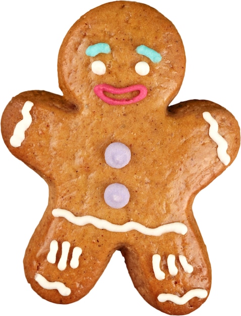 Gingerbread Man Christmas Cookie na białym tle, zbliżenie.