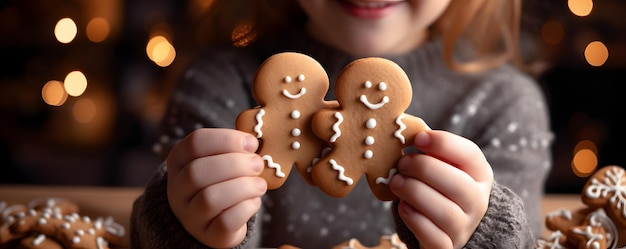 Zdjęcie gingerbread man cookie w rękach dziecka boże narodzenie rodzinna tradycja zimowych wakacji gotowanie