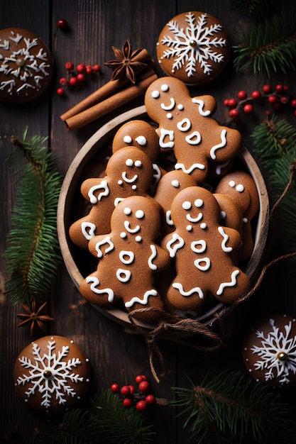 Gingerbread Mężczyźni Z świątecznymi Dekoracjami Na Drewnianym Tle