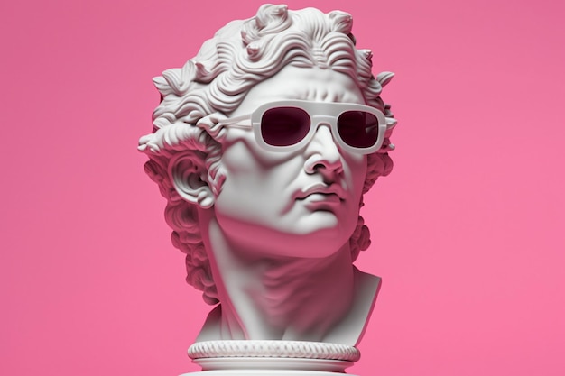 Gipsowa głowa posągu w okularach przeciwsłonecznych na różowej ilustracji tła