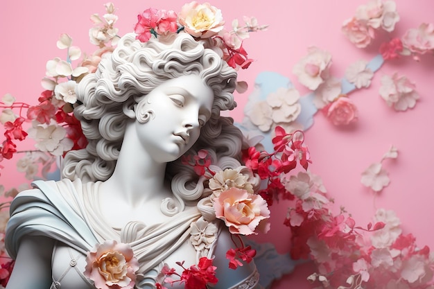Gipsowa statua kobiety z różowymi kwiatami Starożytna statua kobiety