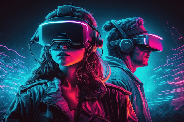 Girl Boy Wearing VR Headset Ilustracje w 4k Cyberpunk World of Vibrant Colors and Retro